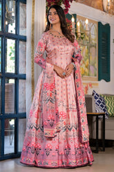 Hand work pure soft dola silk designer Gown Dress with digital print.